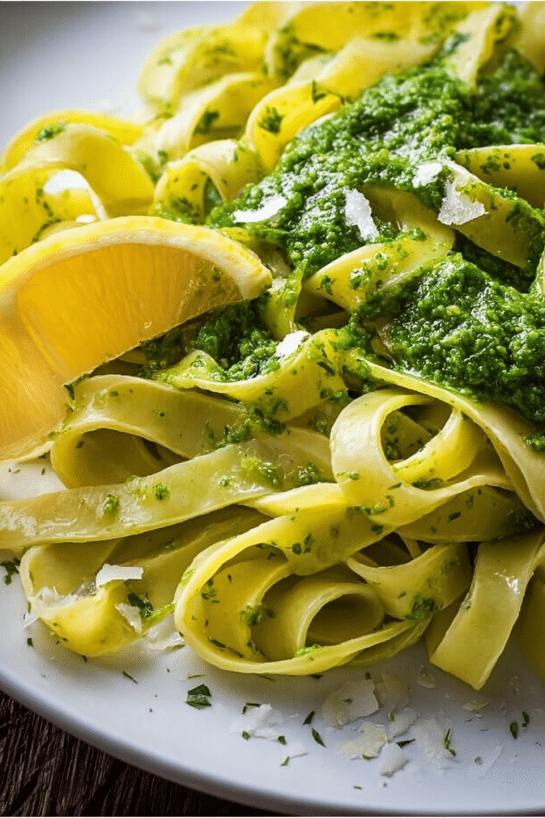 Tagliatelle mit Bärlauchpesto, garniert mit frischem Bärlauch und gerösteten Pinienkernen.