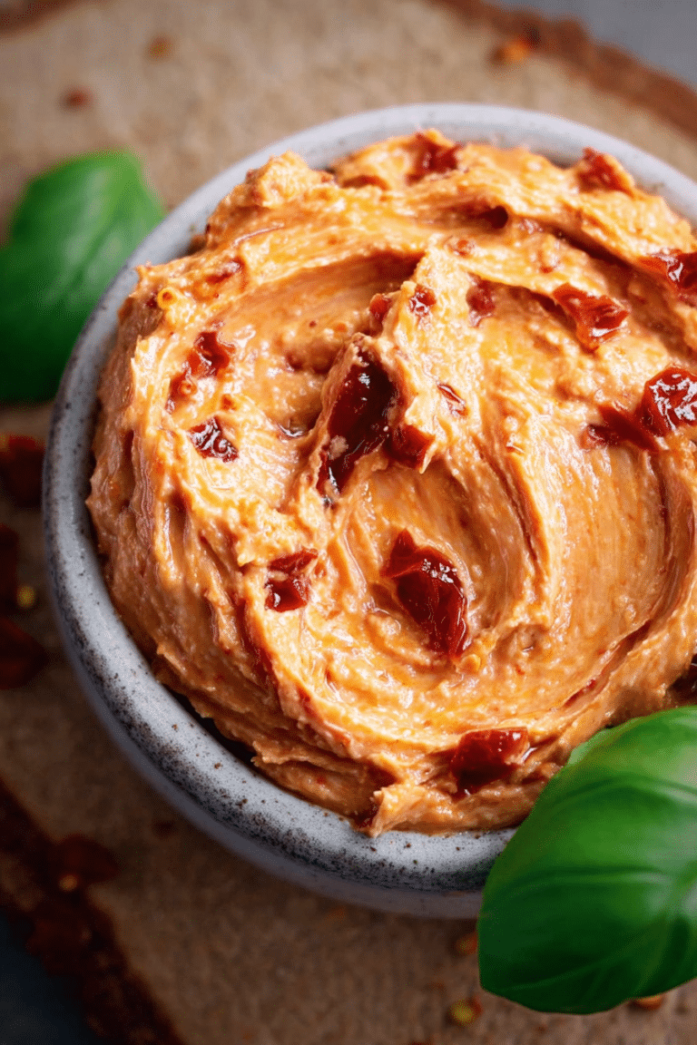 Nahaufnahme von Tomatenbutter mit getrockneten Tomaten und frischen Kräutern, ideal für Grillrezepte.