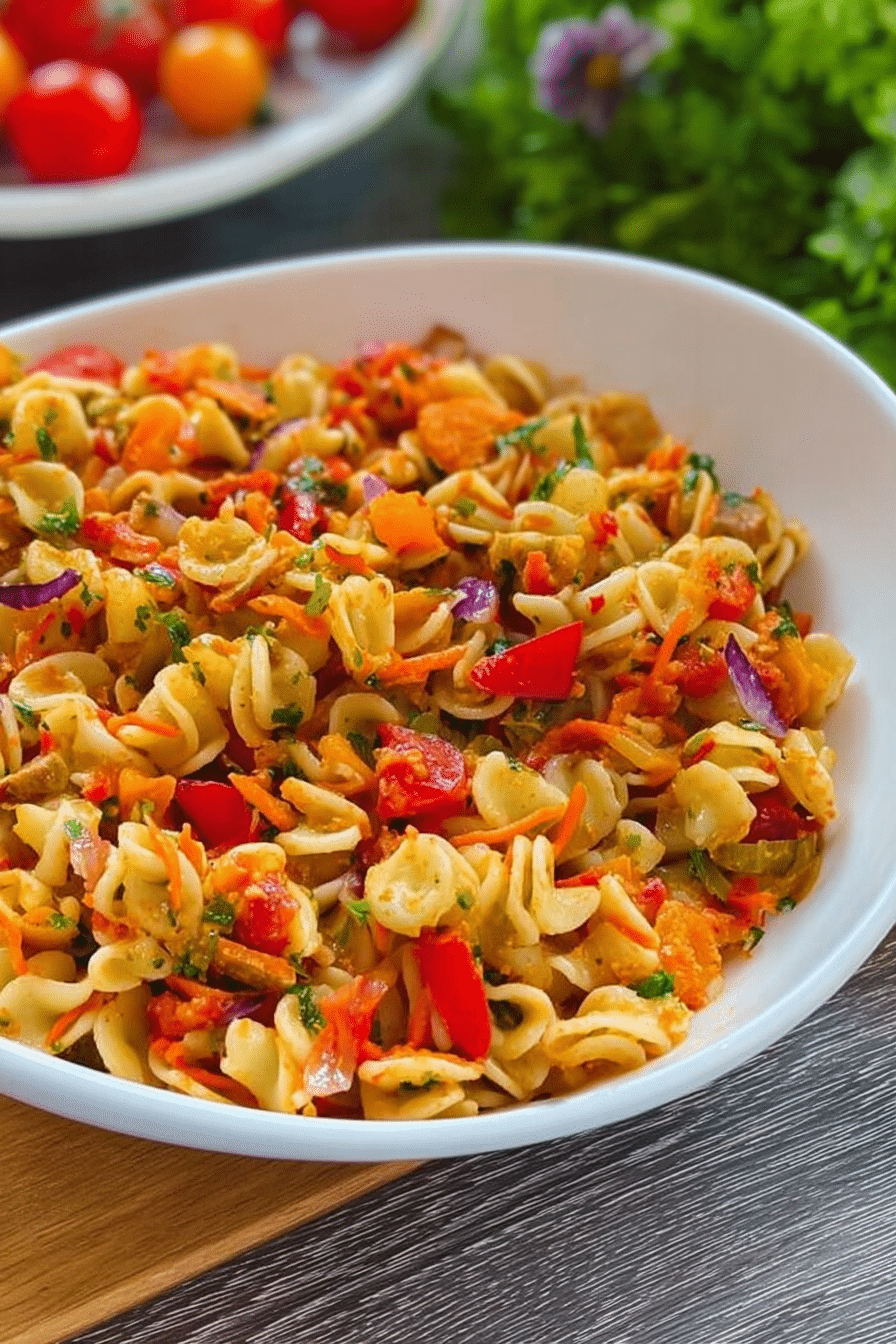 Türkischer Nudelsalat mit buntem Gemüse und Granatapfelkernen auf einem Buffet-Tisch.
