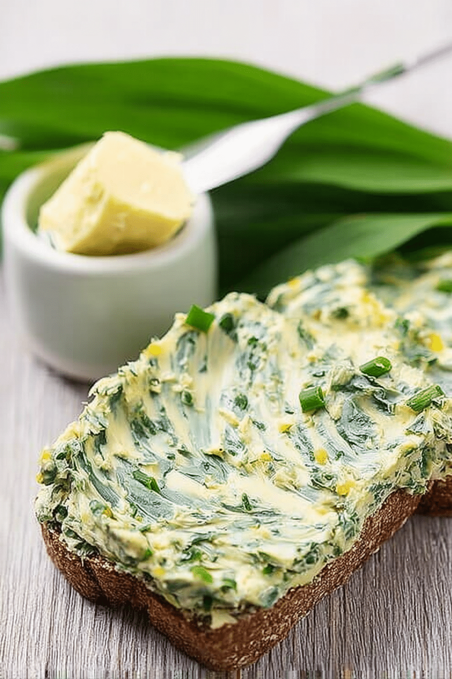 Vegane Bärlauchbutter in einer Schüssel, dekoriert mit frischem Bärlauch.