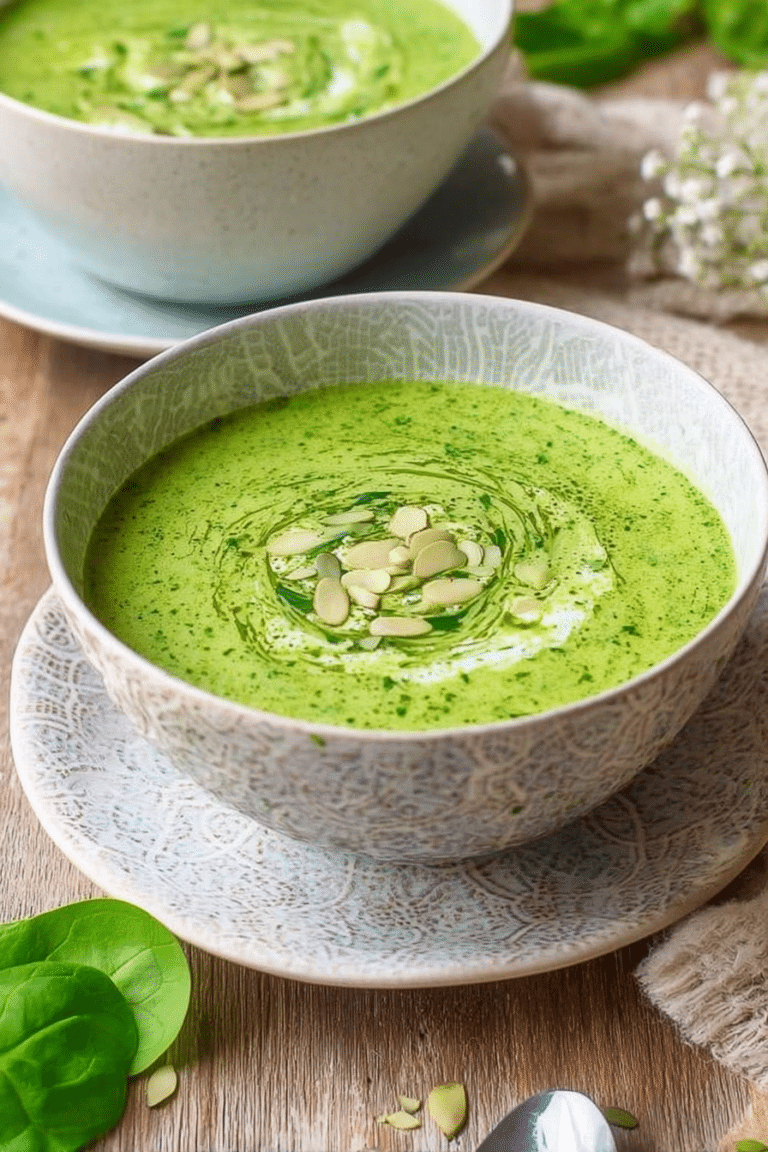 Vegane Bärlauchsuppe in einer weißen Schüssel, dekoriert mit Mandeln und Basilikum auf einem Holztisch.