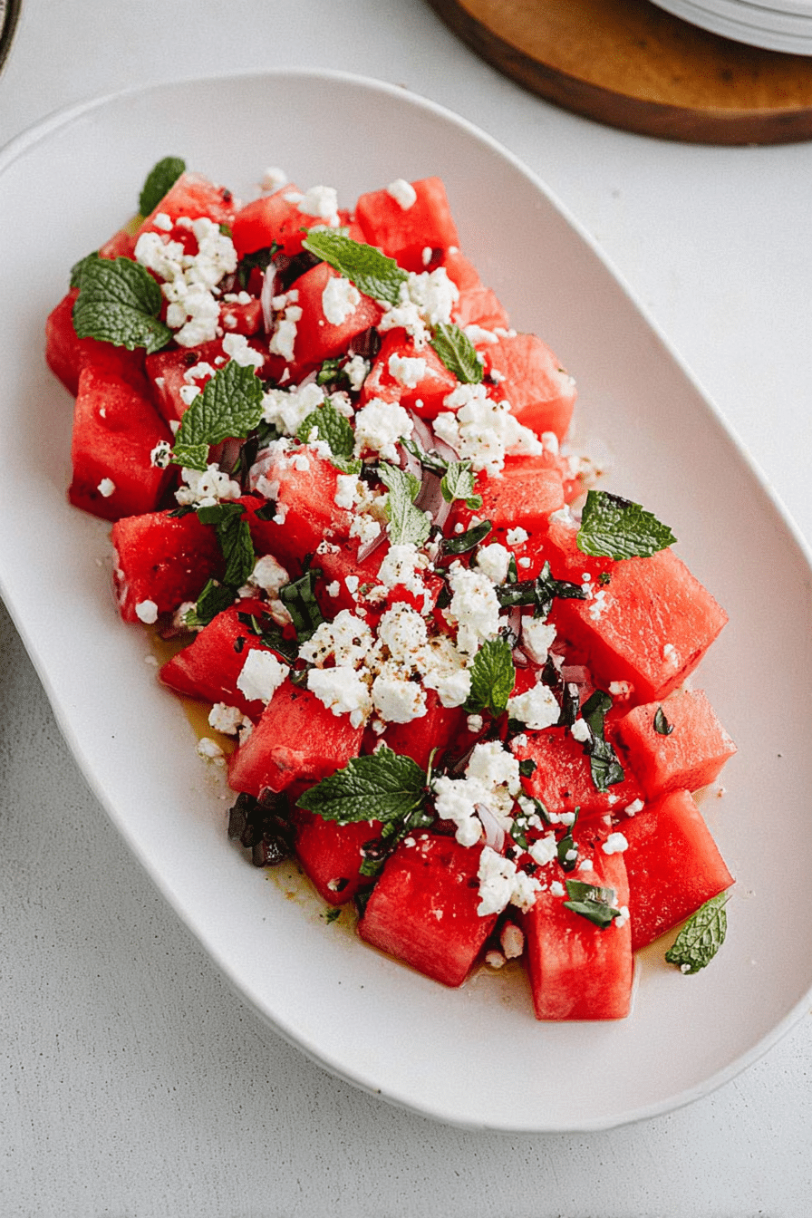 Frischer Wassermelone Feta Salat mit Minze auf einem Teller