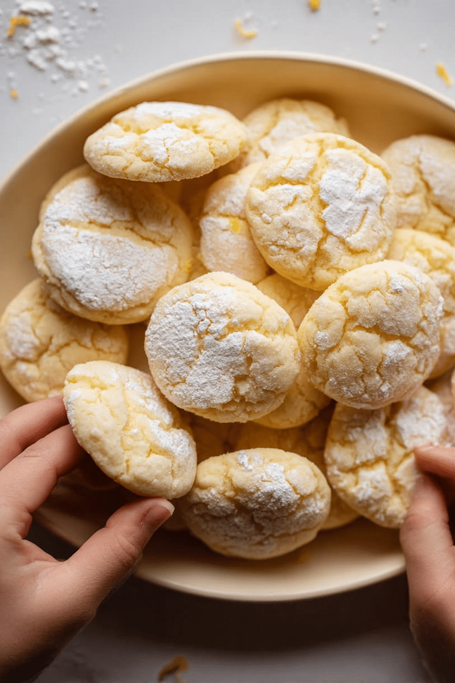 Frische Zitronen Crinkle Cookies auf einem Holzbrett, dekoriert mit Puderzucker und Zucker.