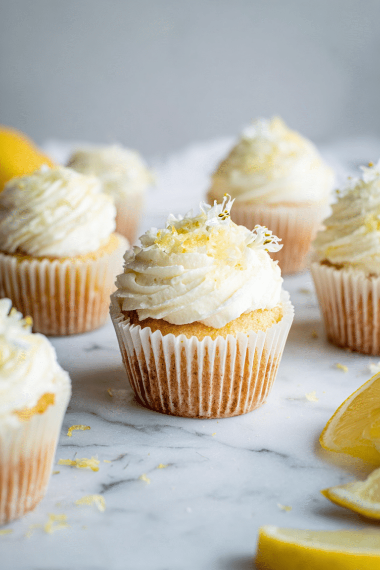 Frisch gebackene Zitronen-Cupcakes mit Holunderblütencreme und Dekoration aus Holunderblüten und Zitronenscheiben.