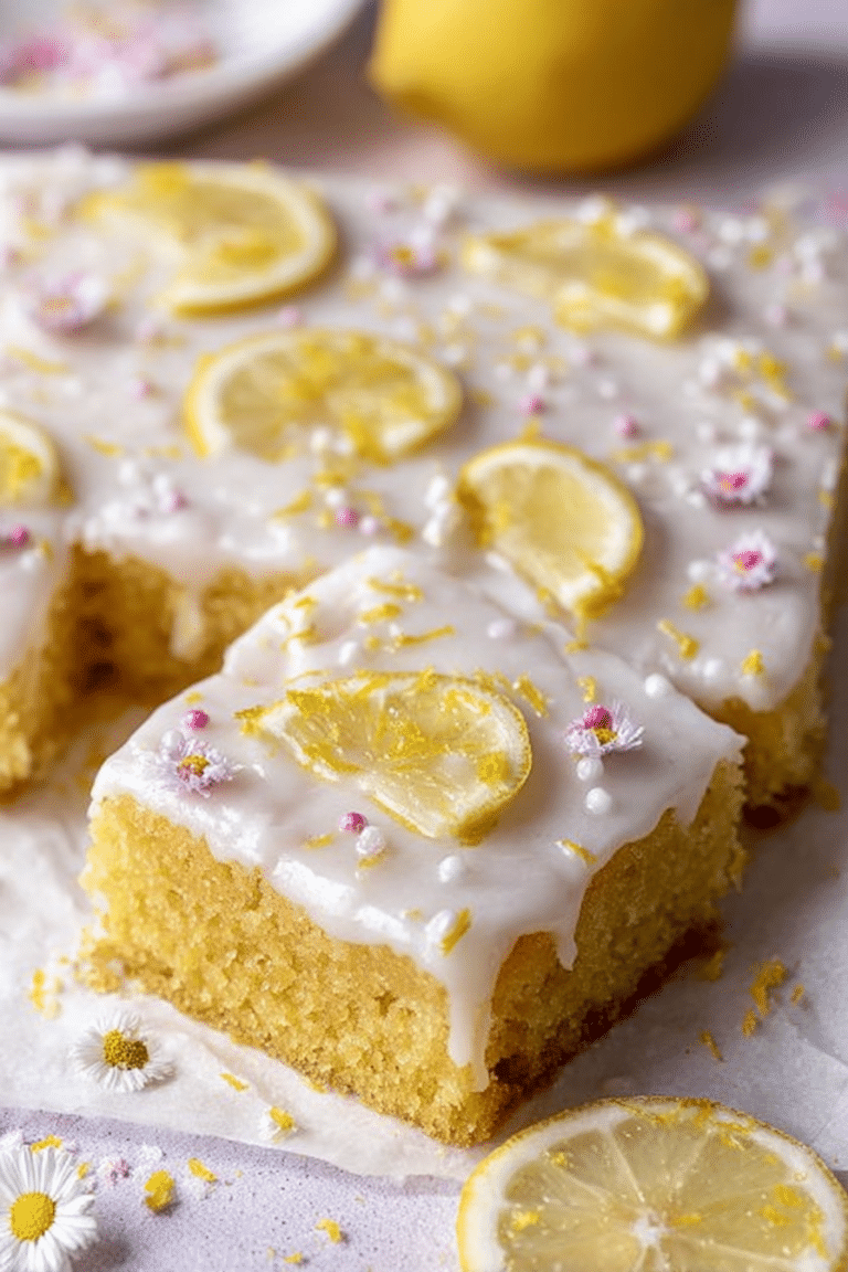 Ein saftiger Zitronen Joghurt Blechkuchen, dekoriert mit Puderzucker und Zitronenscheiben.
