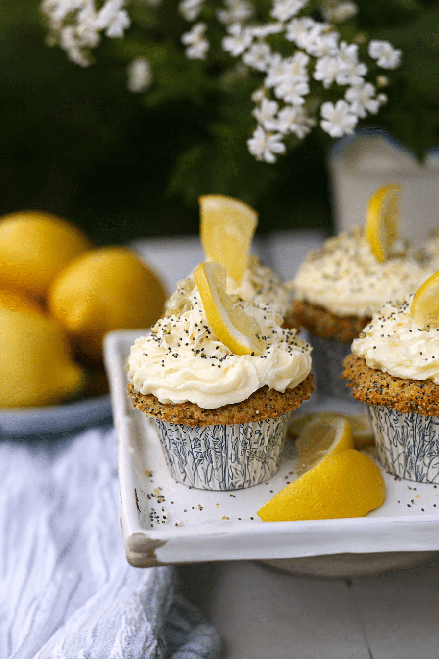 Leckere Zitronen-Mohn-Cupcakes auf einem Tisch mit frischen Zitronen und Mohnsamen.