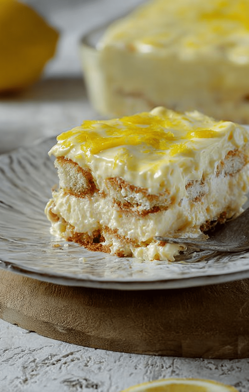 Slice of refreshing lemon tiramisu on a stylish dessert plate, garnished with lemon slices and mint leaves.