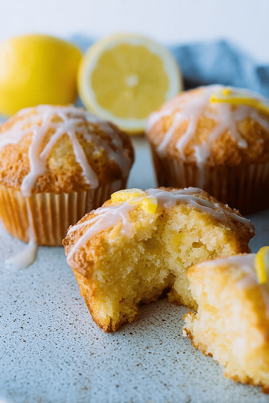 Leckere Zitronenmuffins auf einem Holztisch, verziert mit Zitronenscheiben und Puderzucker