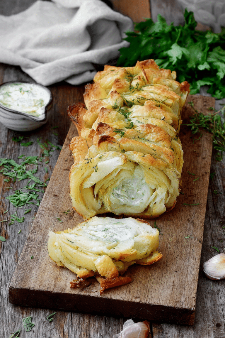 Frisches Zupfbrot mit Kräuterbutter auf Holztisch, umgeben von frischen Kräutern.