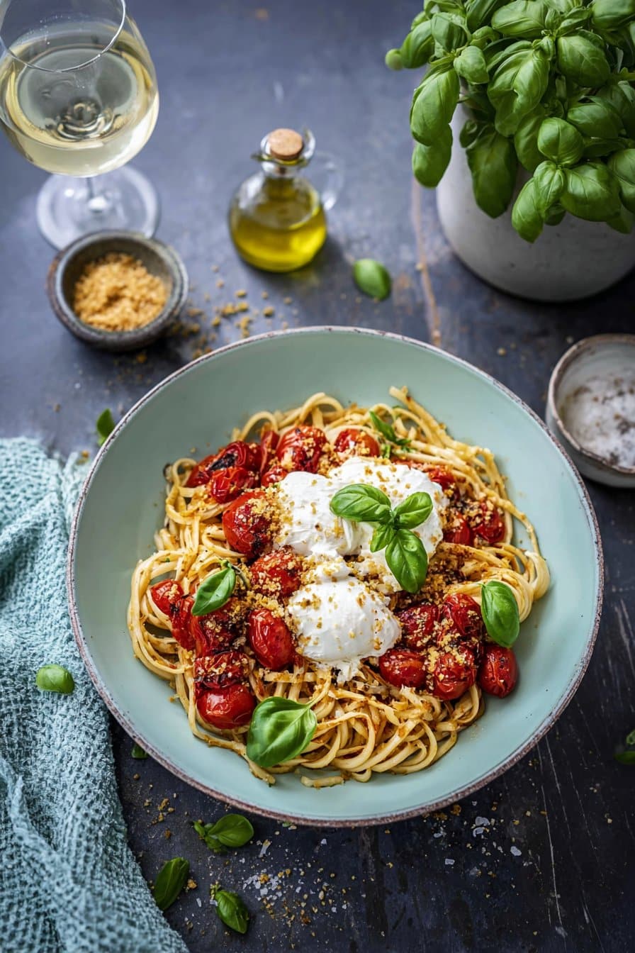 Bunte Pasta mit Kirschtomaten, Burrata und frischen Kräutern auf einem Teller.