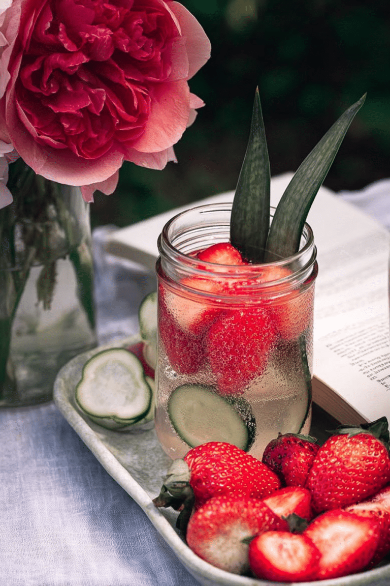 Ein Glas Aloe Vera Saft Schorle mit frischen Erdbeeren und Gurkenscheiben, ideal für den Sommer.