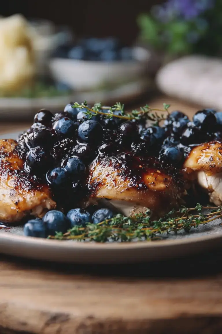 Blaubeer-Thymian-Hähnchen im Ofen, serviert mit frischen Blaubeeren und Thymian.