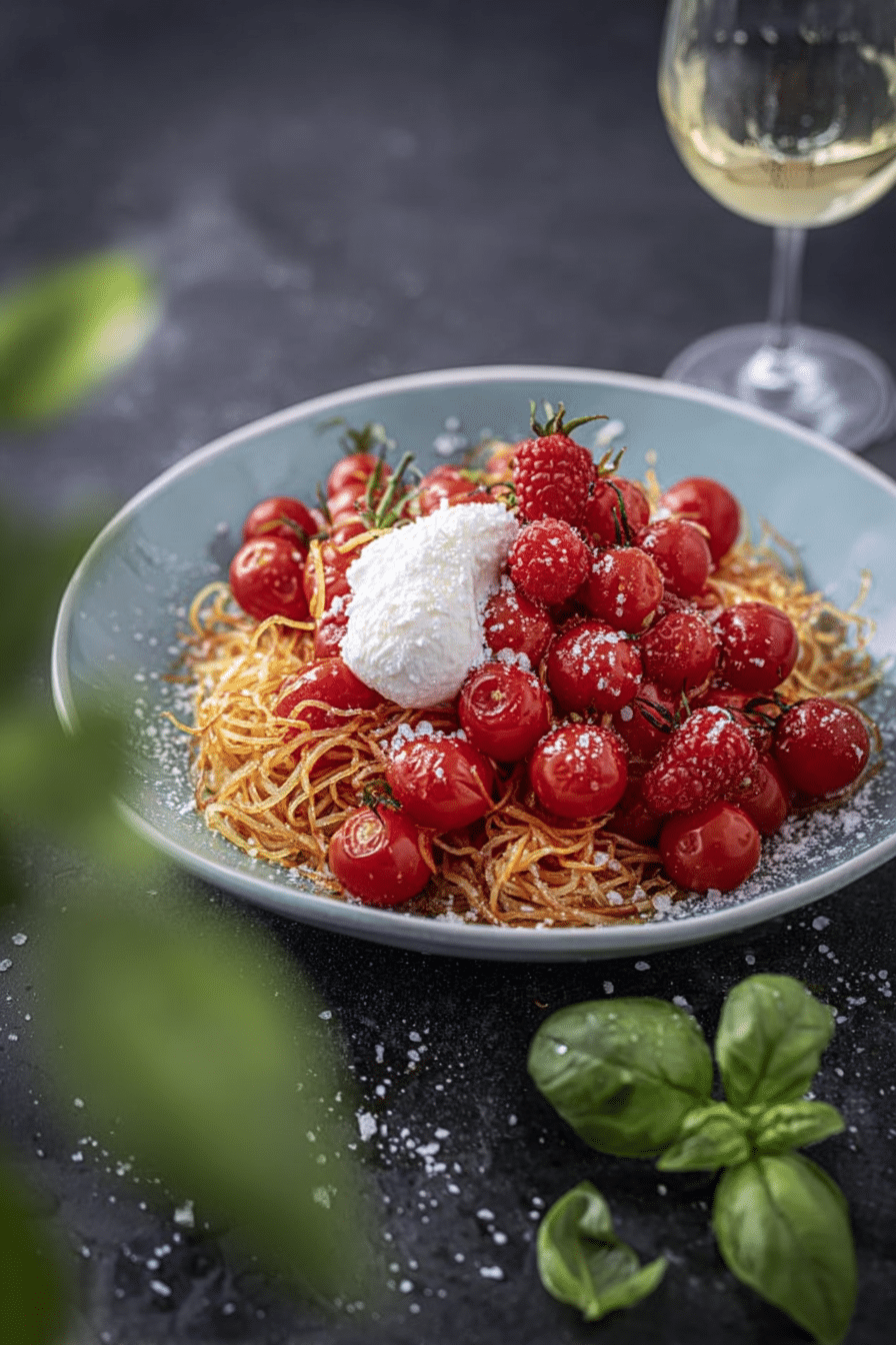 Bunte Pasta mit Kirschtomaten, Burrata und frischen Kräutern auf einem Teller.