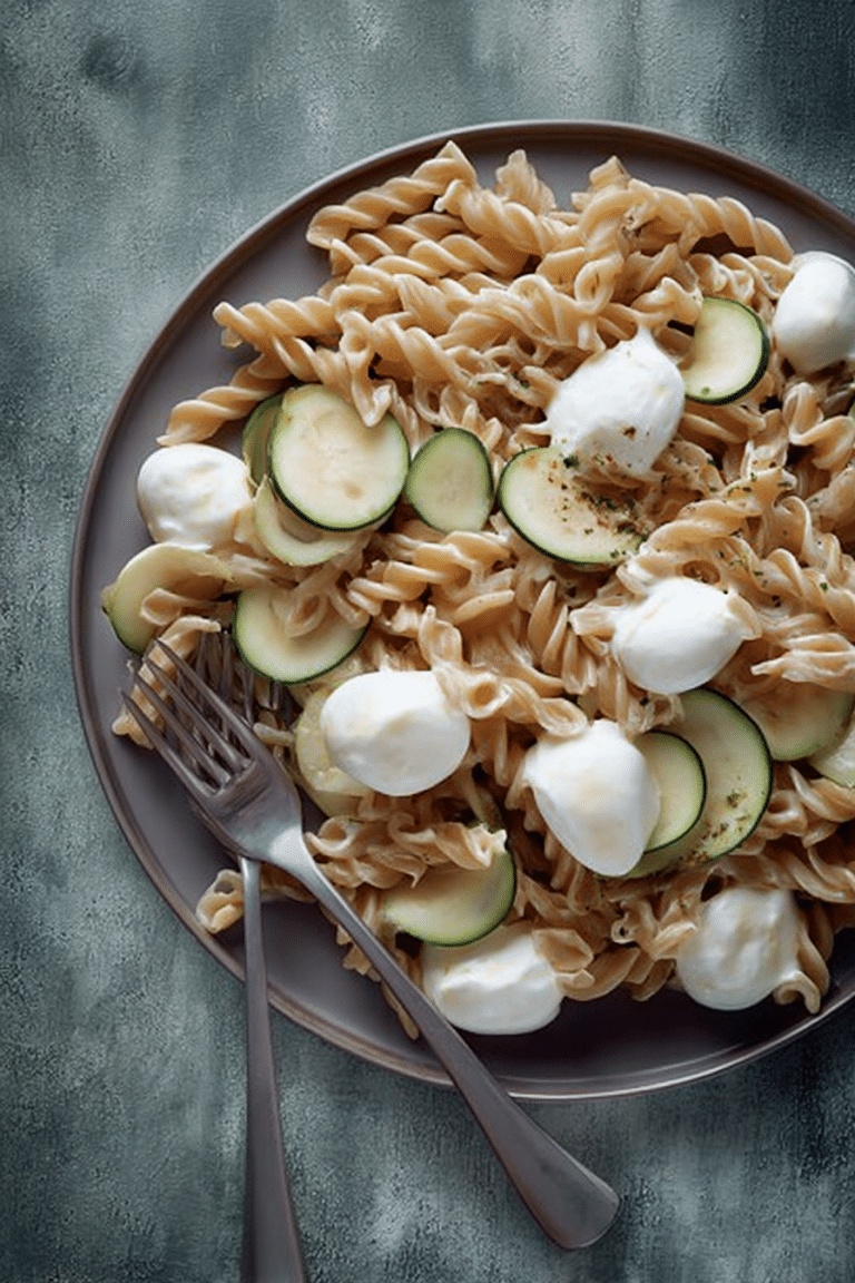 Leckere courgette-zitronen-mozzarella-pasta auf einem rustikalen Tisch, dekoriert mit frischem Zitronenabrieb und zierlichen Zucchinischeiben.