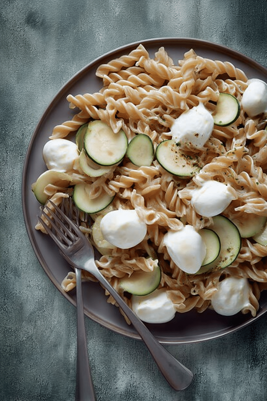 Leckere courgette-zitronen-mozzarella-pasta auf einem rustikalen Tisch, dekoriert mit frischem Zitronenabrieb und zierlichen Zucchinischeiben.