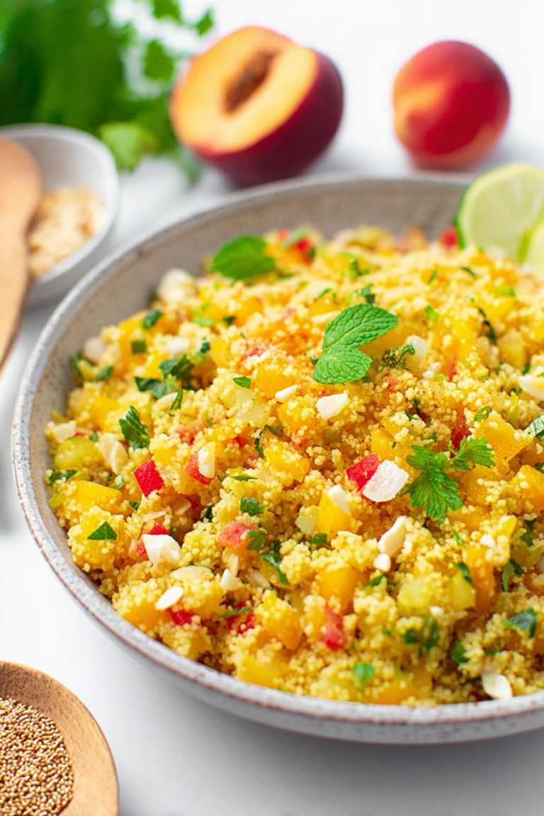 Couscous-Salat mit Pfirsich und Minze in einer Schüssel auf einem Holztisch.