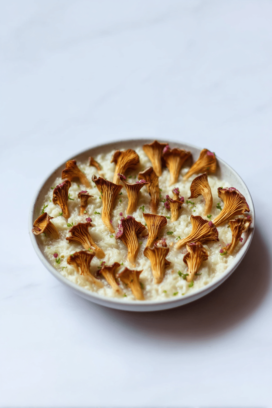 Cremiges Risotto mit Pfifferlingen und Estragon auf einem Holztisch