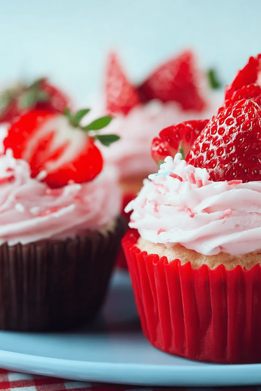 Leckere Cupcakes mit Erdbeeren, verziert mit Erdbeer-Frosting und frischen Erdbeeren.