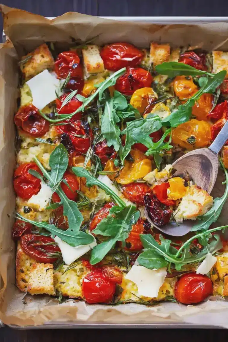 Ein Blech-Ravioli mit Tomaten, Paprika und Rucola auf einem Holzbrett.