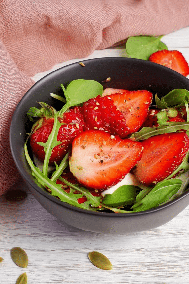 Erdbeer-Mozzarella-Salat mit frischen Erdbeeren, Mozzarella und Basilikum in einer Schüssel.