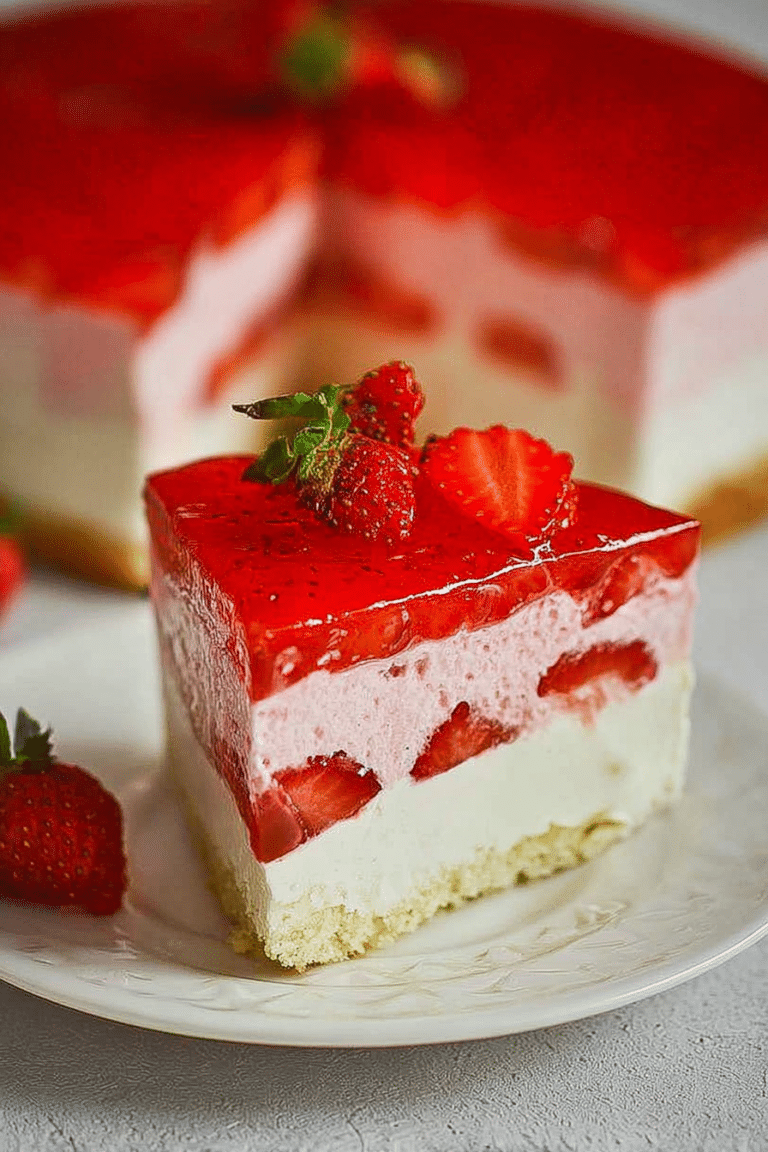 Appetitlich angerichtete Erdbeertorte auf einem Teller mit frischen Erdbeeren und Minze.
