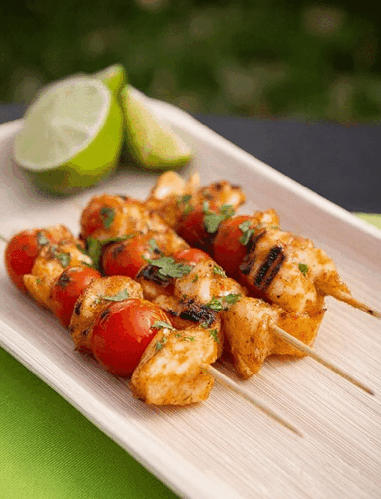Exotische Capirinha-Spieße auf einer dekorativen Platte, serviert mit frischen Limetten und Gemüse.