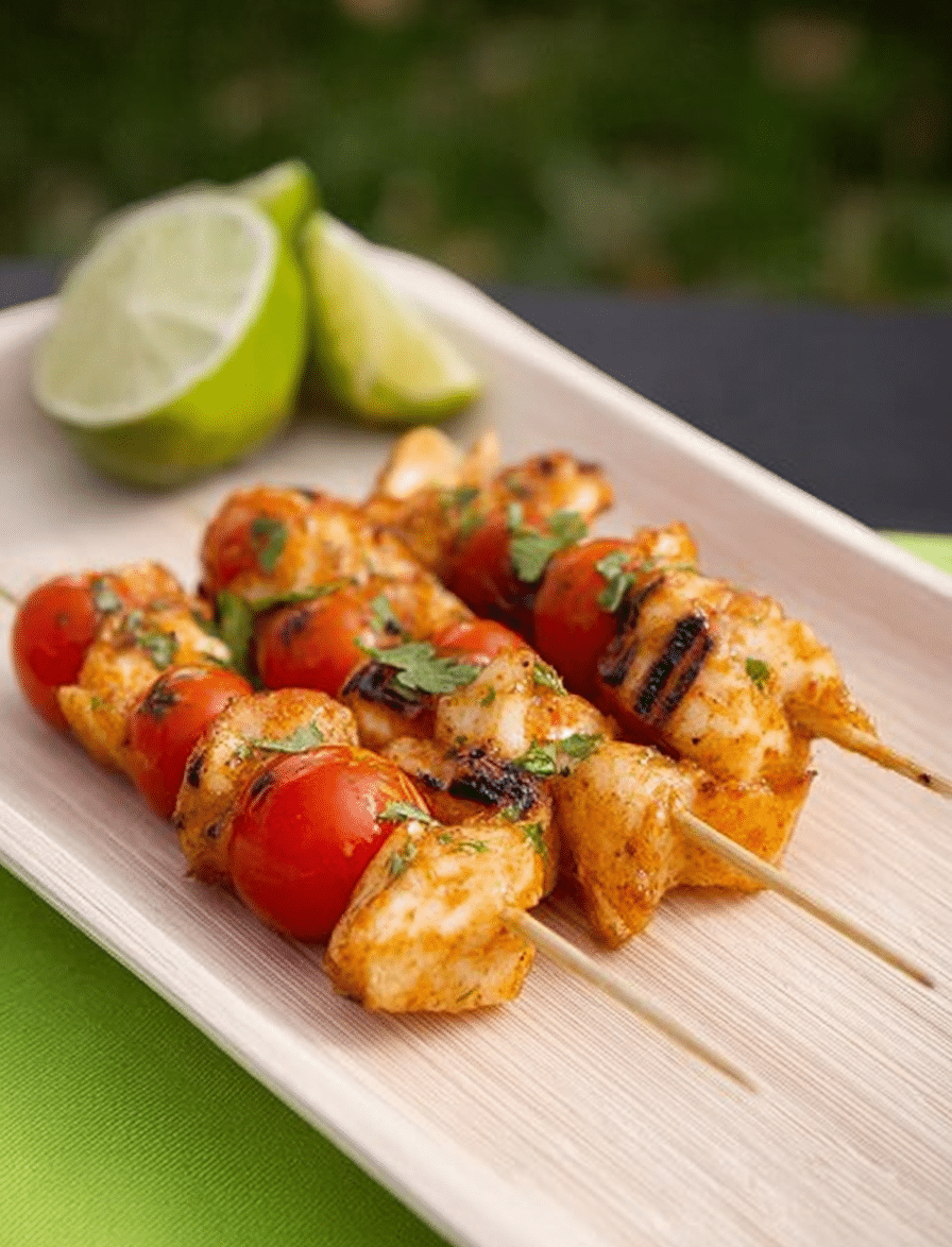 Exotische Capirinha-Spieße auf einer dekorative Platte, serviert mit frischen Limetten und Gemüse.