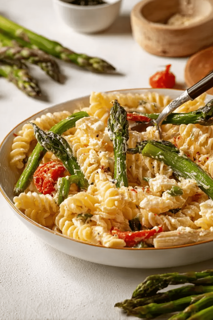 Leckerer Teller mit Feta Spargel Pasta und frischen Zutaten auf einem Holztisch.