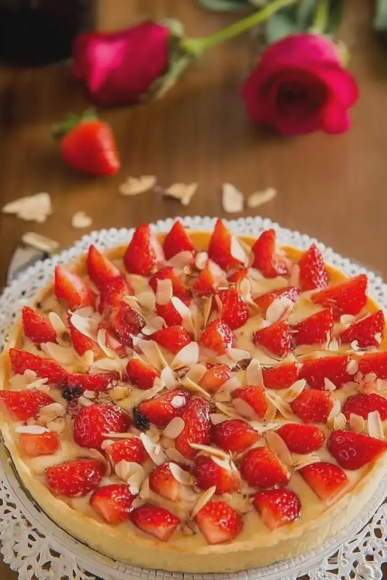 Französische Erdbeertarte auf einem rustikalen Tisch mit frischen Erdbeeren und Sahne.