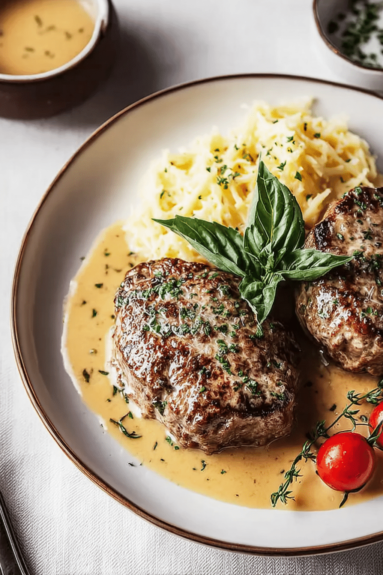 Ein perfekt zubereitetes französisches Pfeffersteak mit Kartoffelpüree und grünen Bohnen auf einem weißen Teller.