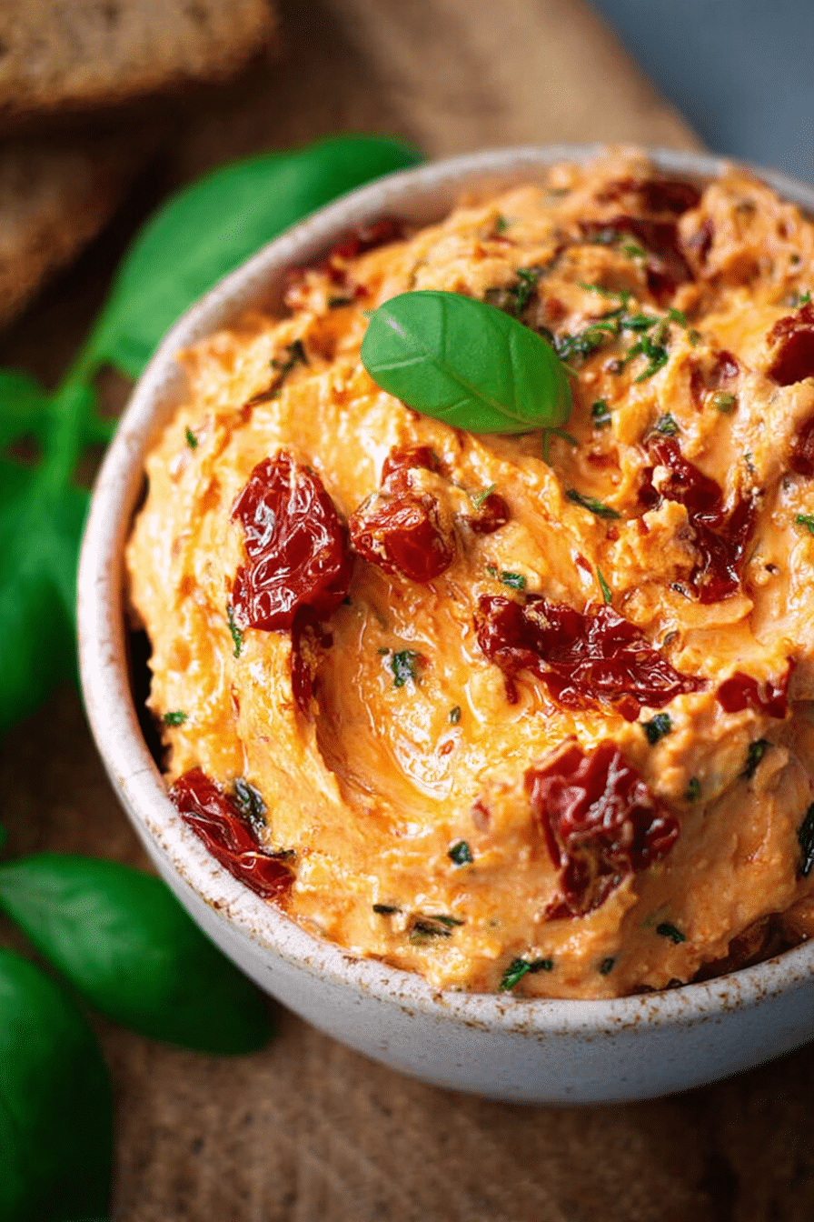 Frisch zubereitete Tomatenbutter auf einem Holzbrett, dekoriert mit Kräutern und getrockneten Tomaten.