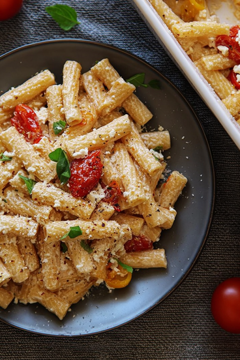 Gebackener Feta mit Tomaten und Pasta, serviert auf einem Teller mit frischem Basilikum.