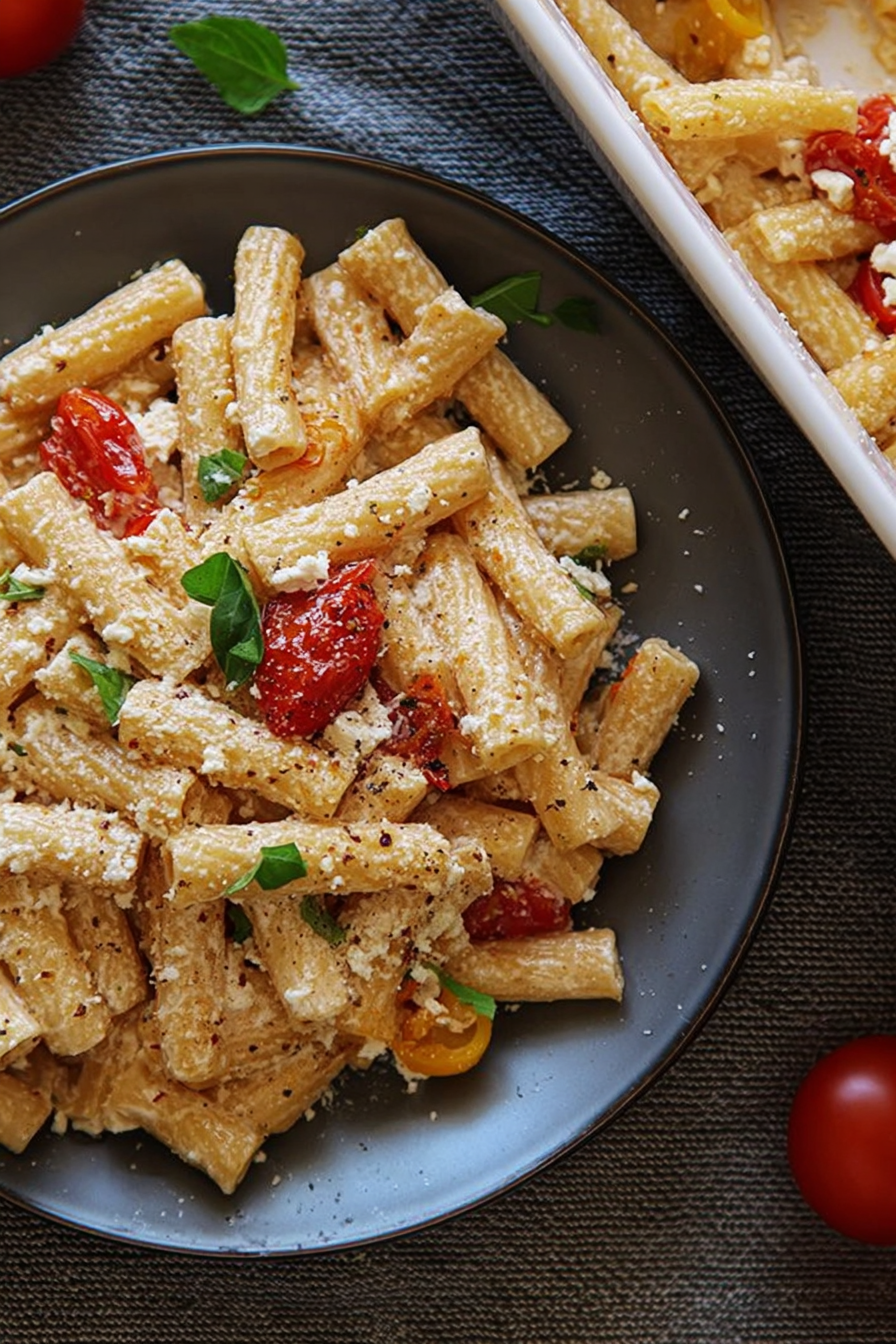 Gebackener Feta mit Tomaten und Pasta, serviert auf einem Teller mit frischem Basilikum.