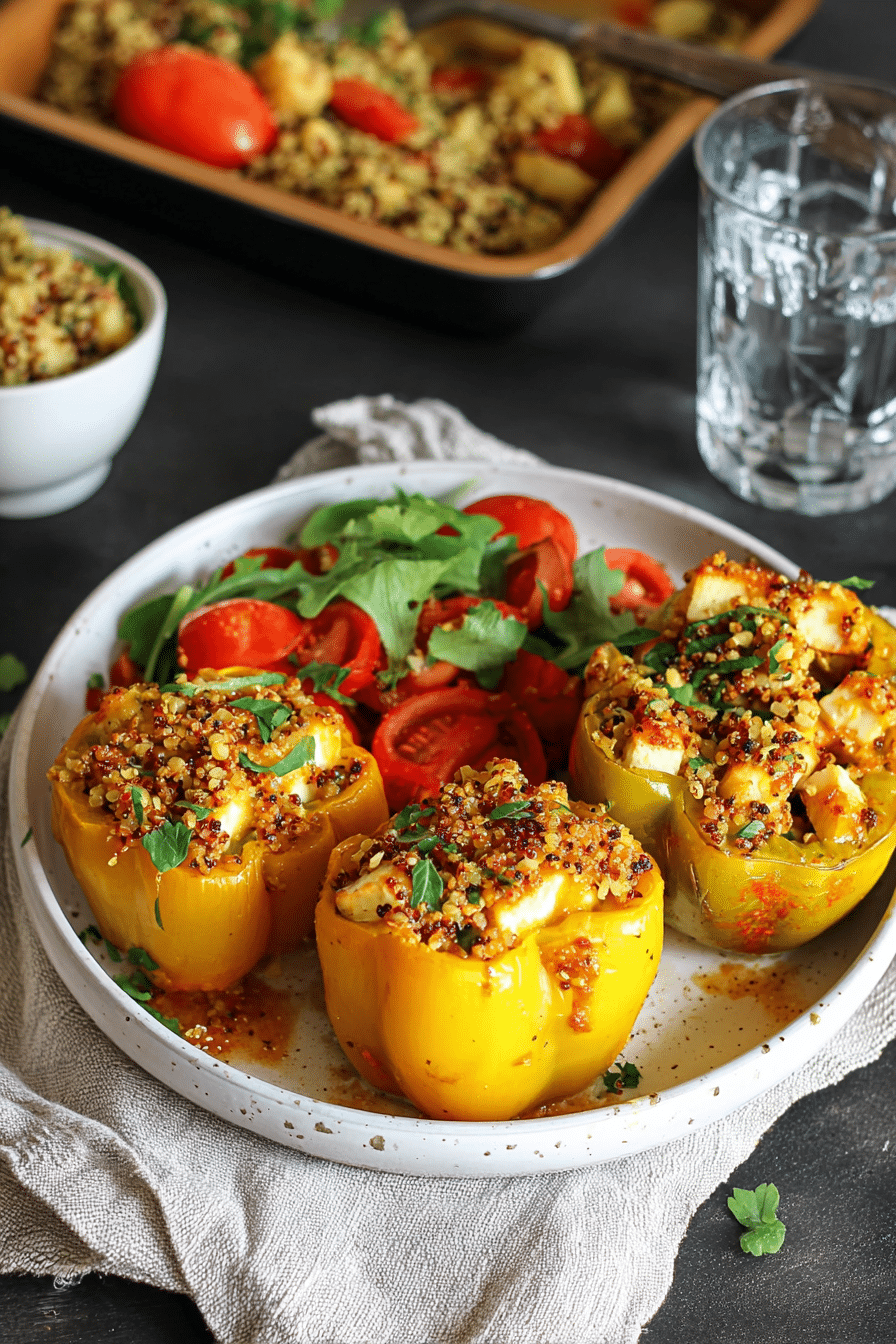 Leckere gefüllte Paprika mit Dinkel und Halloumi auf einem Holztisch serviert.