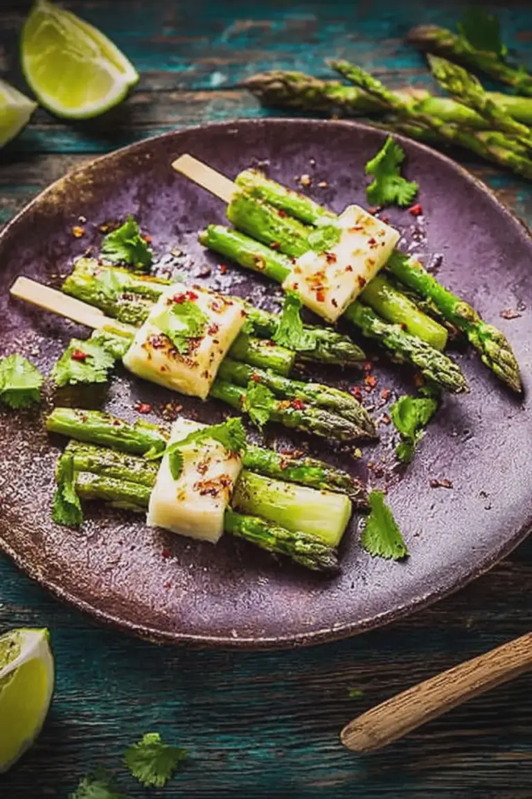 Gegrillte Halloumi-Spargel-Spieße auf einem Holztisch, dekoriert mit Minzblättern und Limettenscheiben.