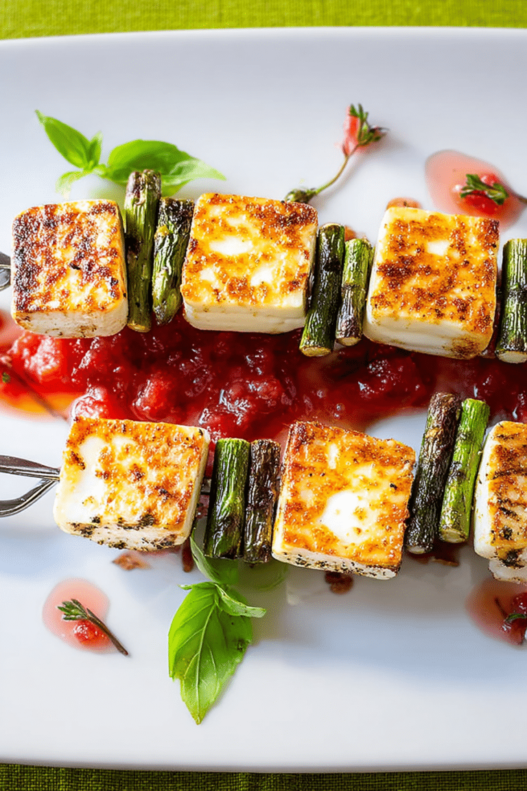 Gegrillte Halloumi-Spieße mit Erdbeer-Balsamico-Sauce auf einem Holztablett