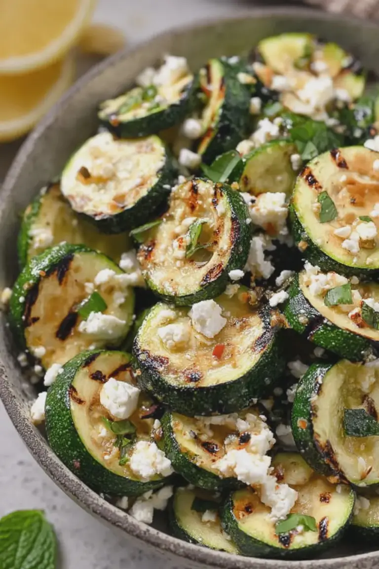 Gegrillte Zucchini mit Feta und frischem Basilikum auf einem rustikalen Teller.