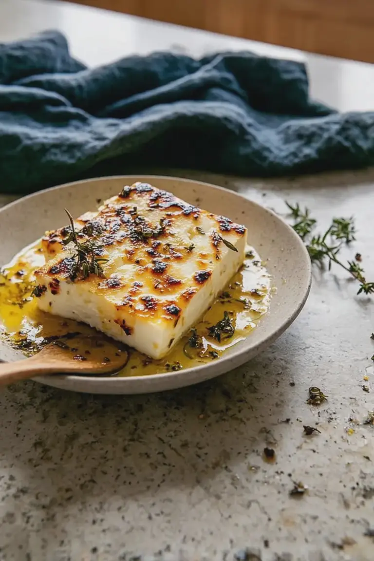 Gegrillter Feta-Käse mit Honig und frischem Thymian, serviert mit geröstetem Brot.