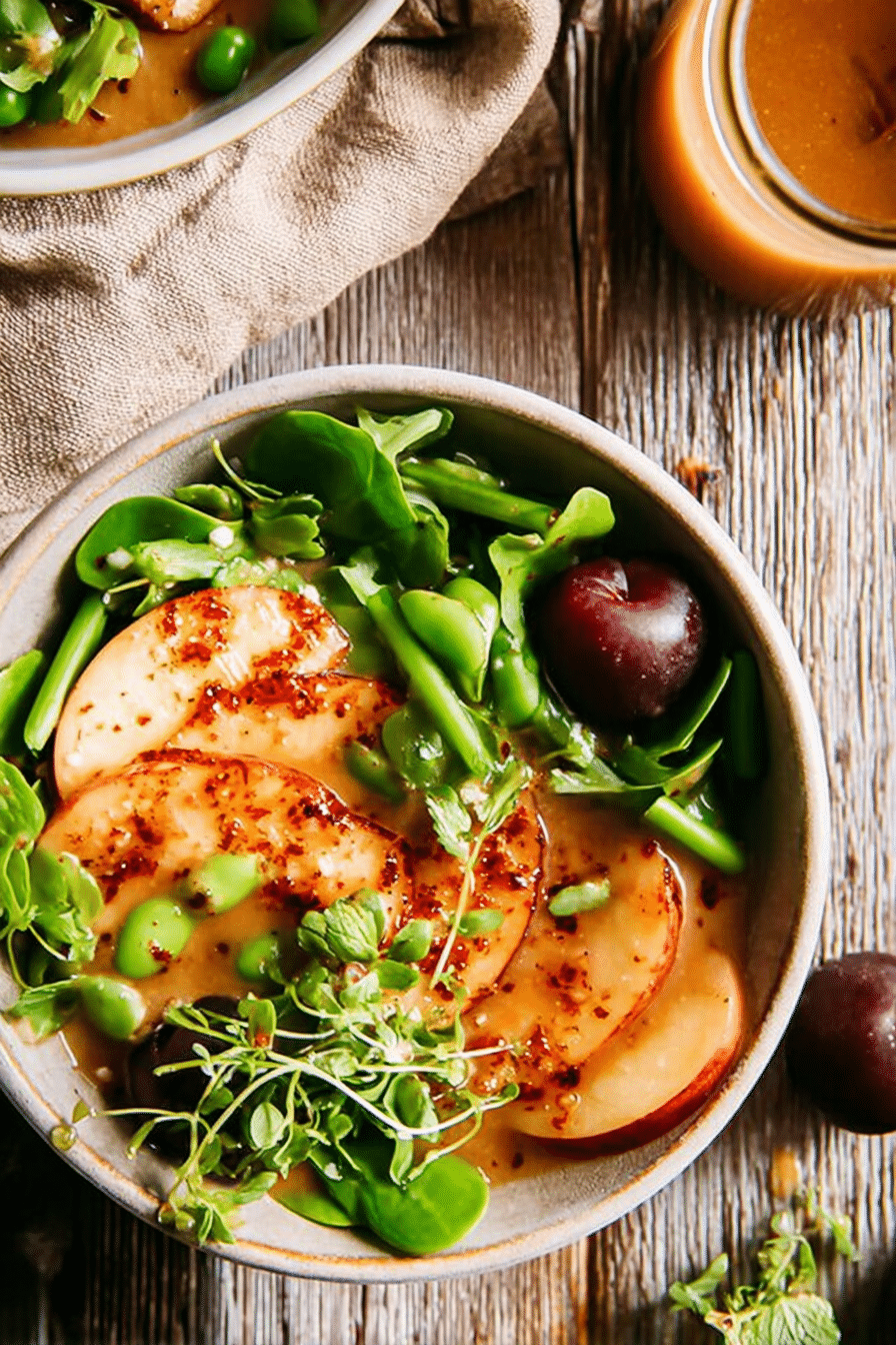 Gegrillter Halloumi und Pfirsichsalat mit Ingwerdressing, serviert mit frischen Bohnen und Minzblättern.