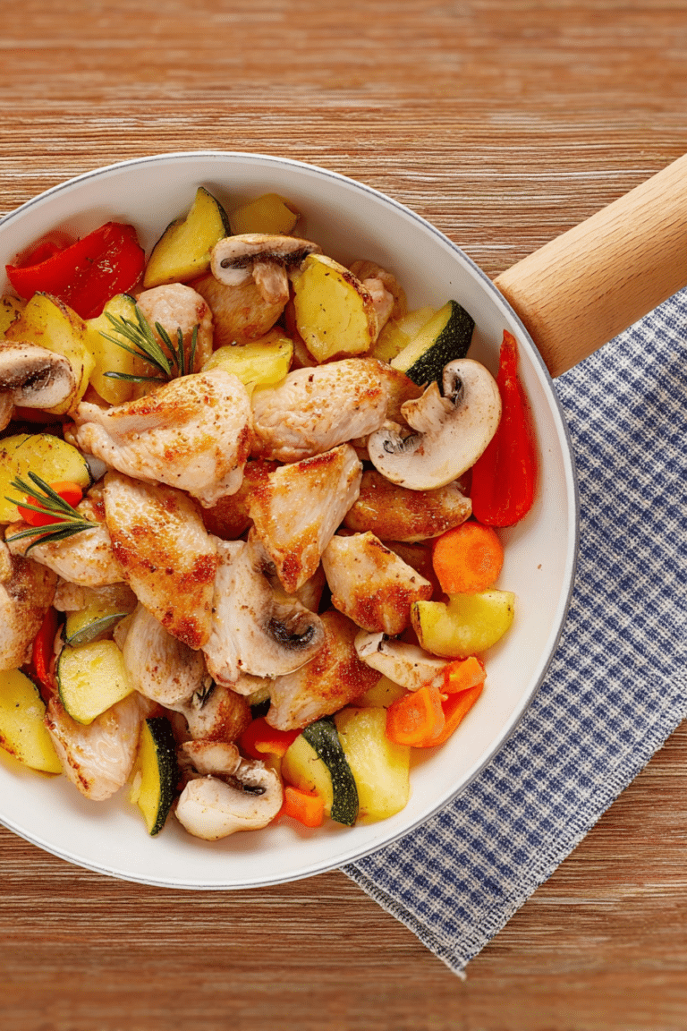 Hähnchen-Gemüse-Pfanne mit Rosmarin, präsentiert auf einem weißen Teller mit frischem Gemüse und Kräutern.