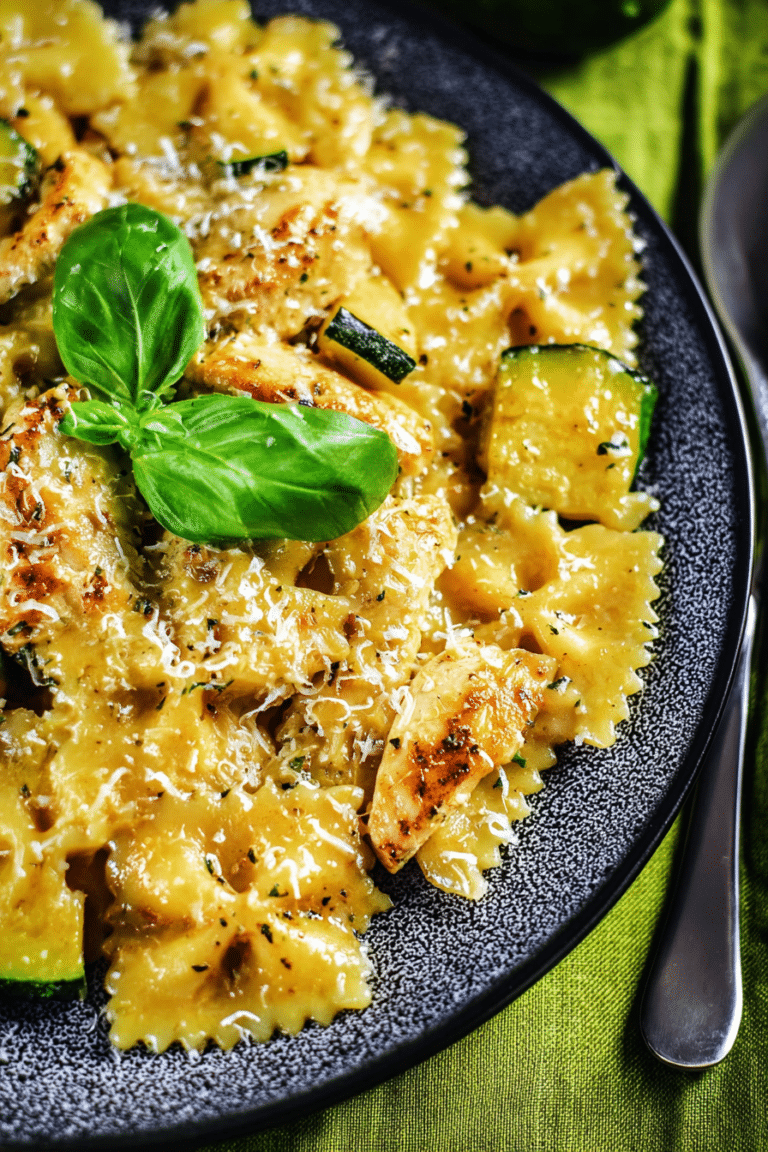 Dekorativer Teller mit Hähnchenzucchinipasta, garniert mit frischem Basilikum und geriebenem Parmesan.