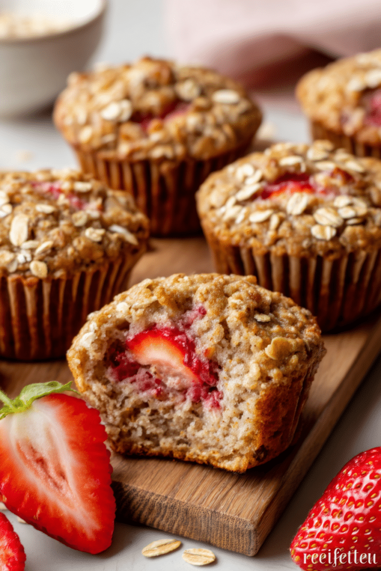 Frisch gebackene Haferflocken-Erdbeer-Muffins mit Erdbeeren und einer Banane auf einem Tisch.