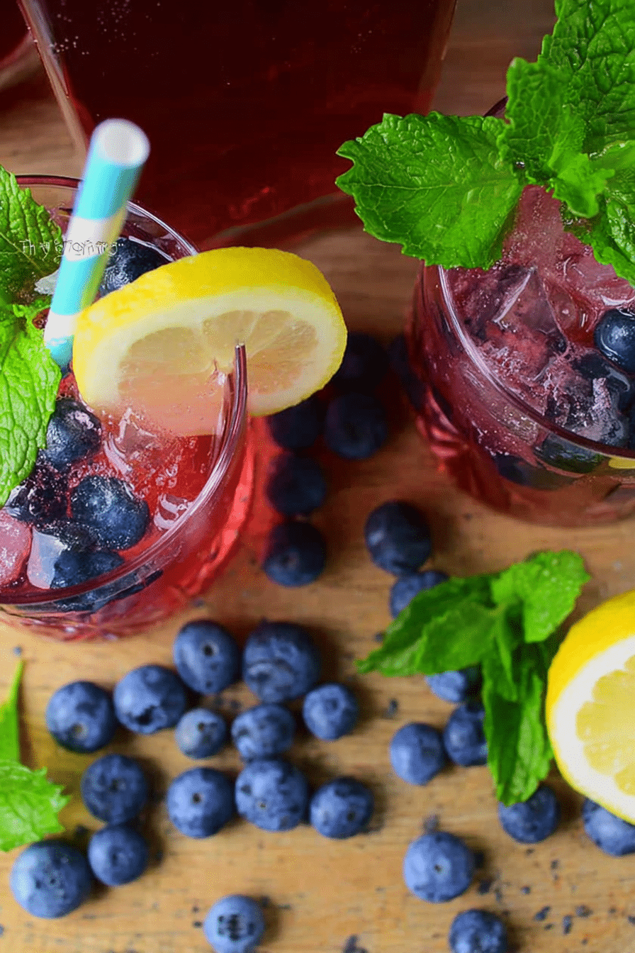 Ein Glas Heidelbeer-Minze-Limonade mit Heidelbeeren, Minze und Zitronenscheibe, ideal für heiße Sommertage.