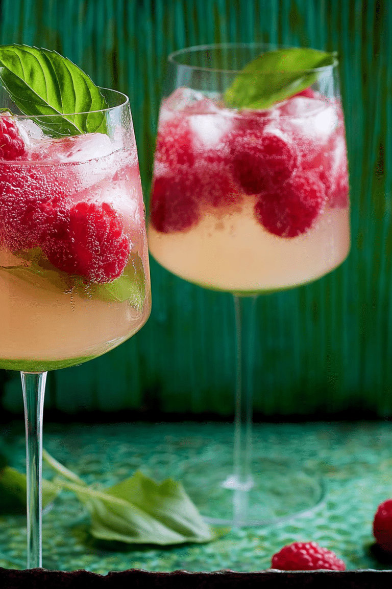 Erfrischender Himbeer-Basilikum-Mule im Glas mit frischen Himbeeren und Basilikum auf Holzuntergrund.