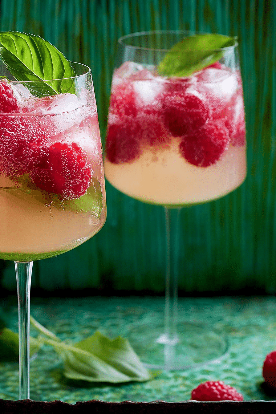 Erfrischender Himbeer-Basilikum-Mule im Glas mit frischen Himbeeren und Basilikum auf Holzuntergrund.