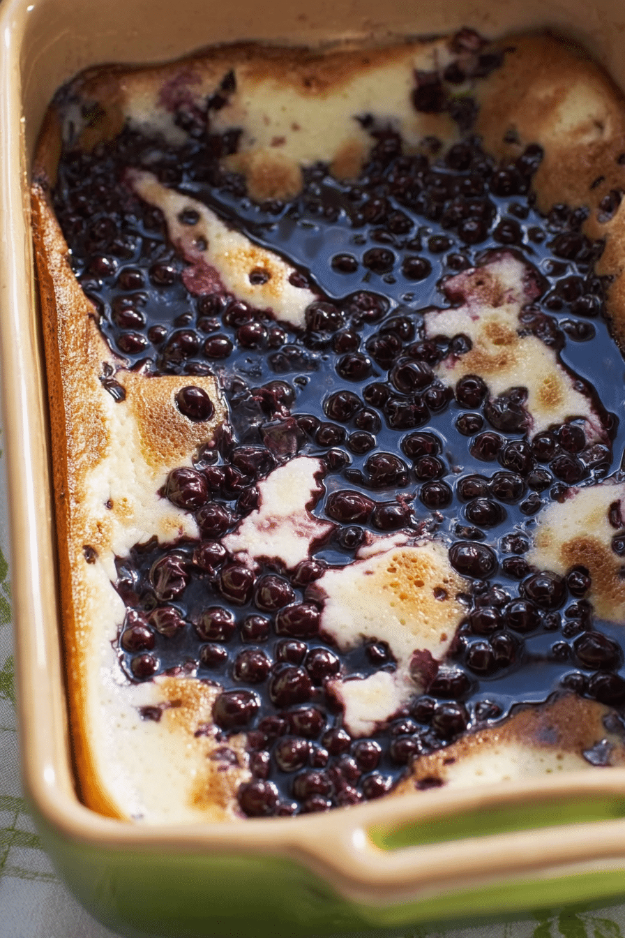Frisch gebackener Holunderbeeren-Auflauf, serviert auf einem rustikalen Tisch mit frischen Holunderbeeren und Puderzucker.