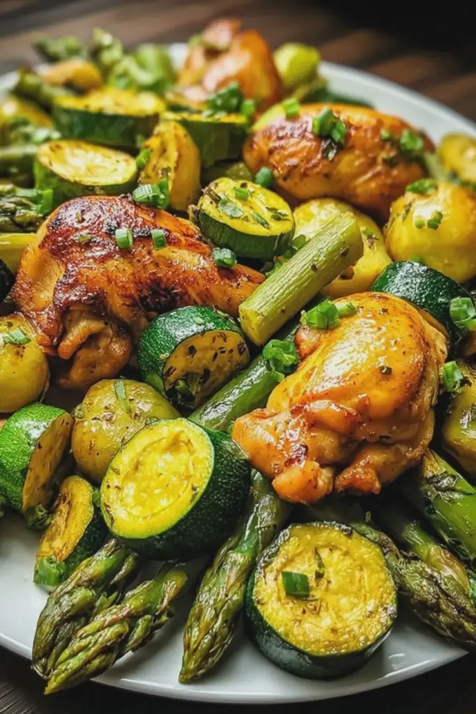 Honig-Kurkuma-Hähnchen mit Spargel und Zucchini, appetitlich serviert auf einem Teller.