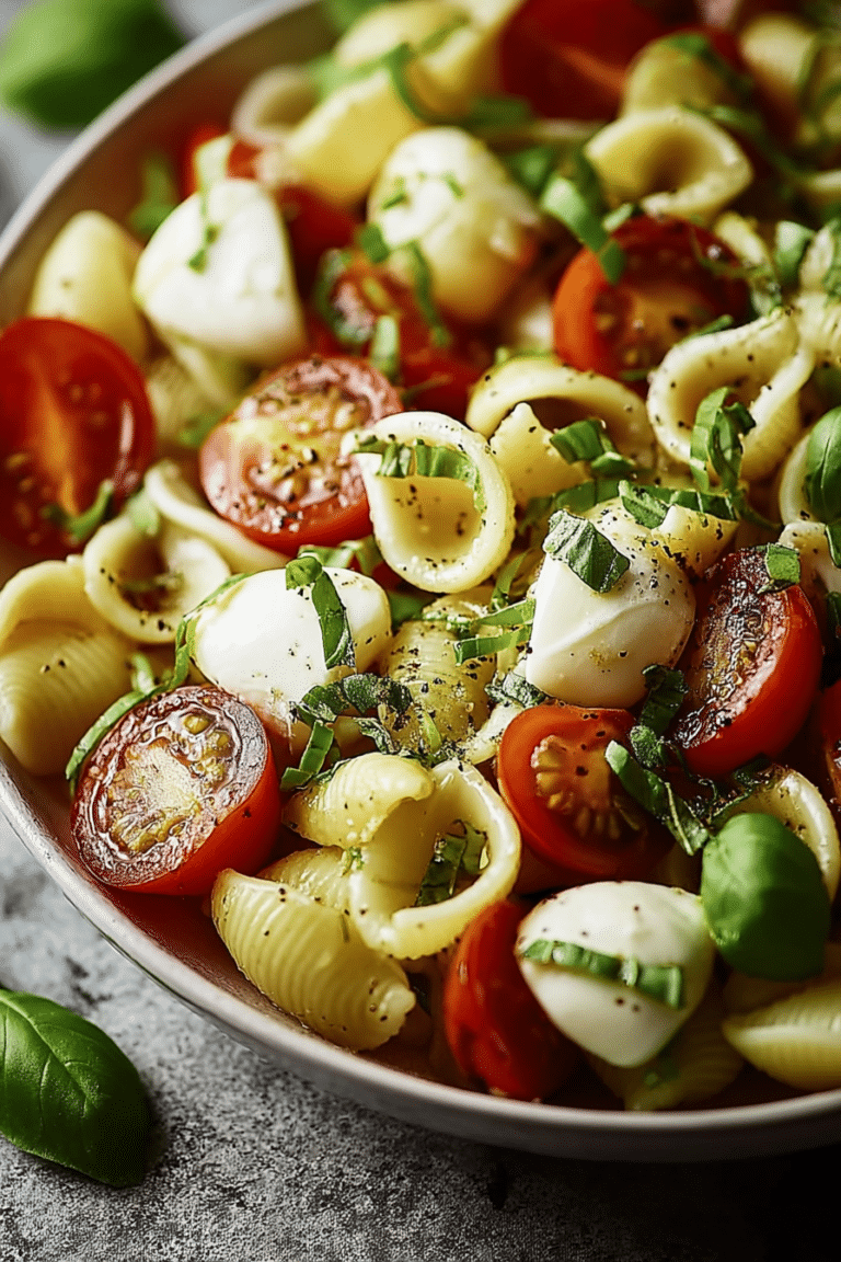 Italienischer Nudelsalat mit Mozzarella und Tomaten, serviert in einer Schüssel, dekoriert mit frischem Basilikum.