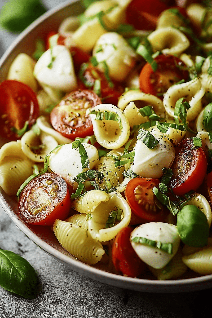 Italienischer Nudelsalat mit Mozzarella und Tomaten, serviert in einer Schüssel, dekoriert mit frischem Basilikum.