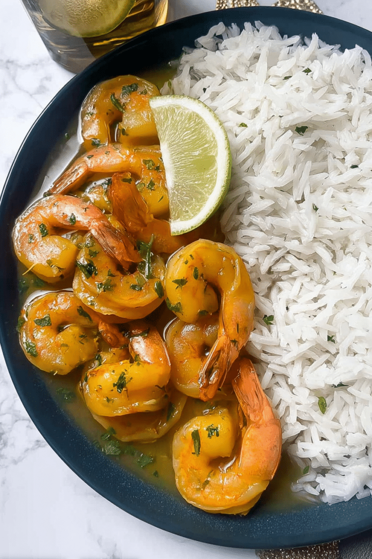 Ein köstlicher Teller jamaikanisches Curry Shrimp, serviert mit frischen Kräutern und buntem Gemüse.